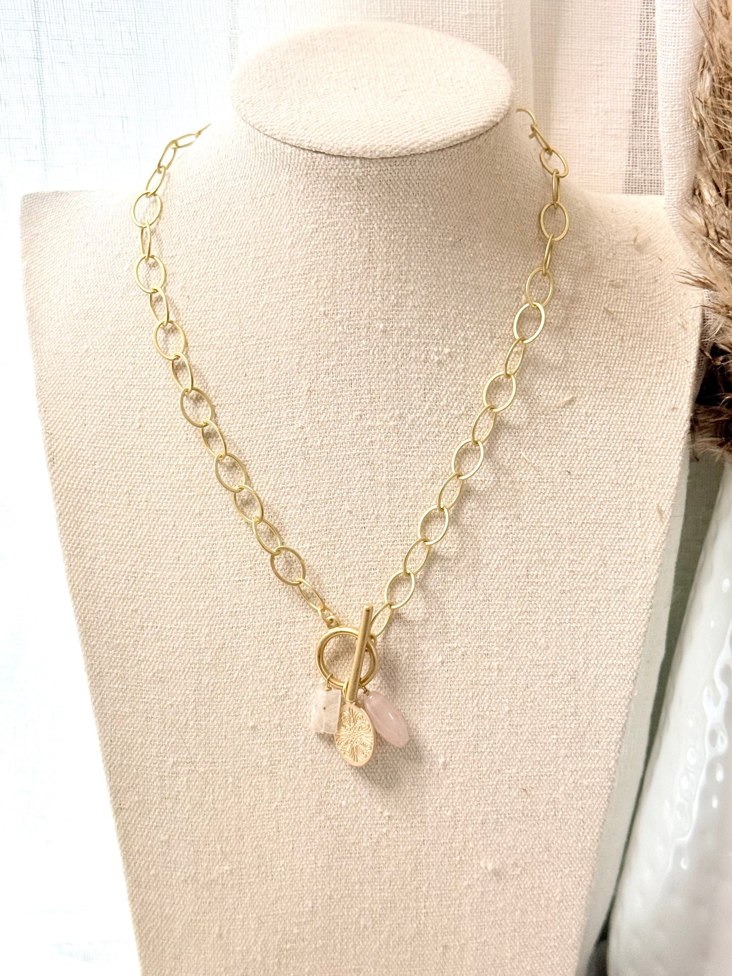 Rose Quartz + Moonstone Gold Charm Toggle Necklace