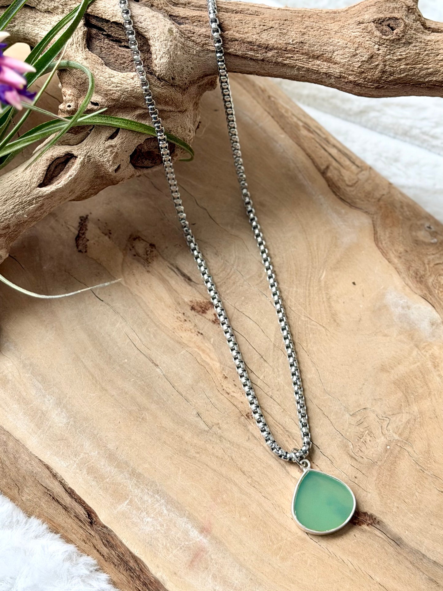 Green Chalcedony + Silver Pendant Necklace