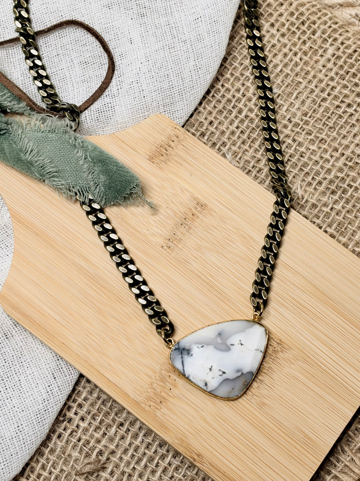 Dendritic White Opal + Antique Brass Necklace