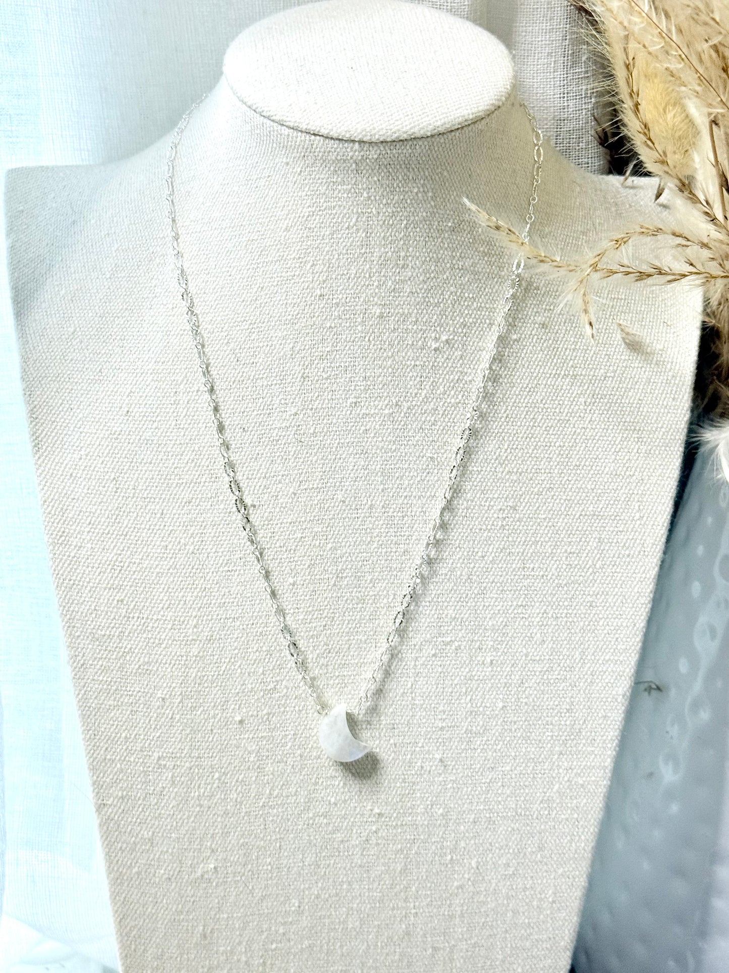 Rainbow Moonstone + Silver Moon Necklace