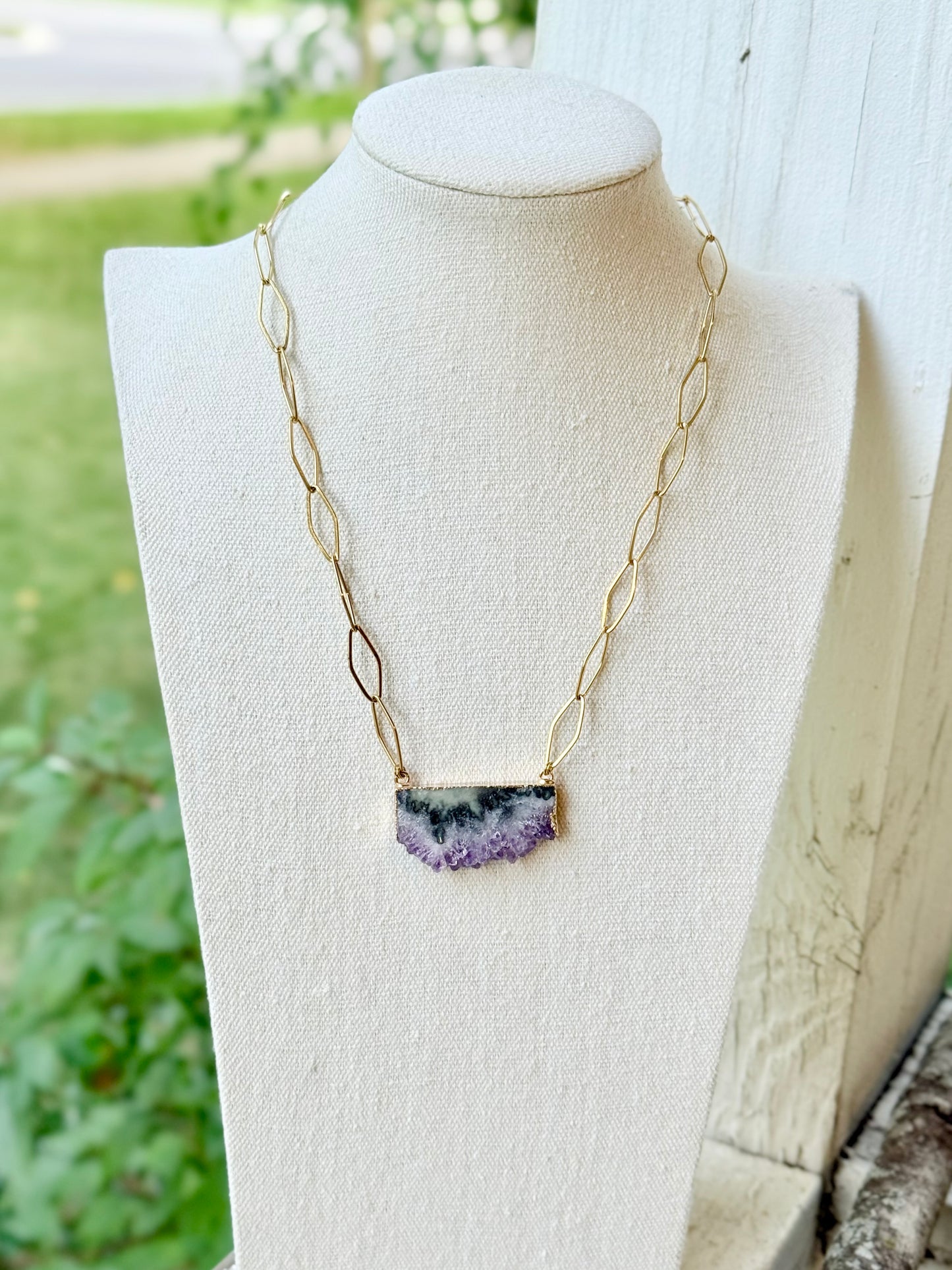 Amethyst Slice + Gold Stainless Steel Chain Necklace