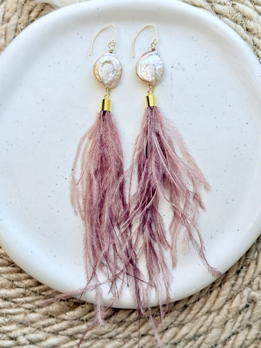 Freshwater Pearl + Gold Blush/Brown Feather Earrings
