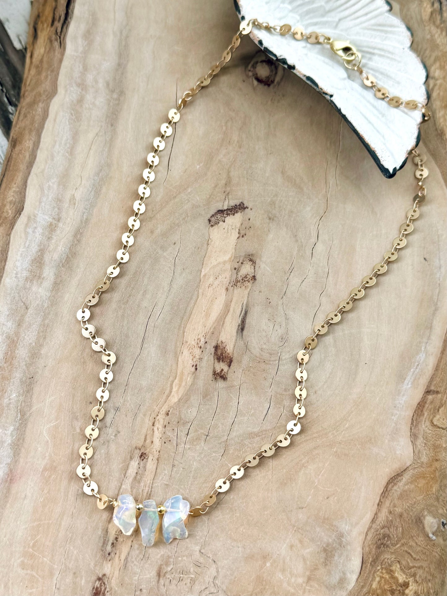 Rustic Ethiopian Opal + Matte Gold Trio Necklace