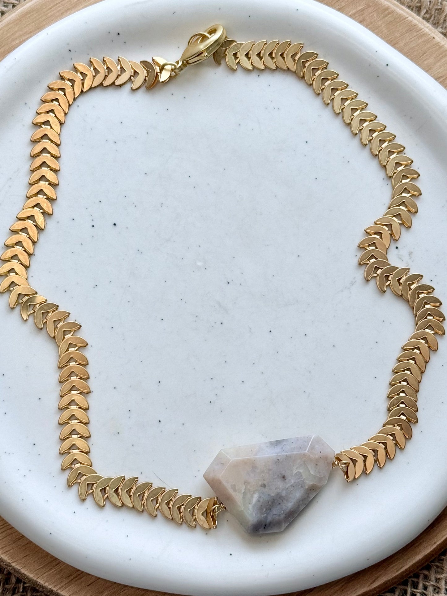 Peruvian Opal + Matte Gold Half-Moon Chain Necklace