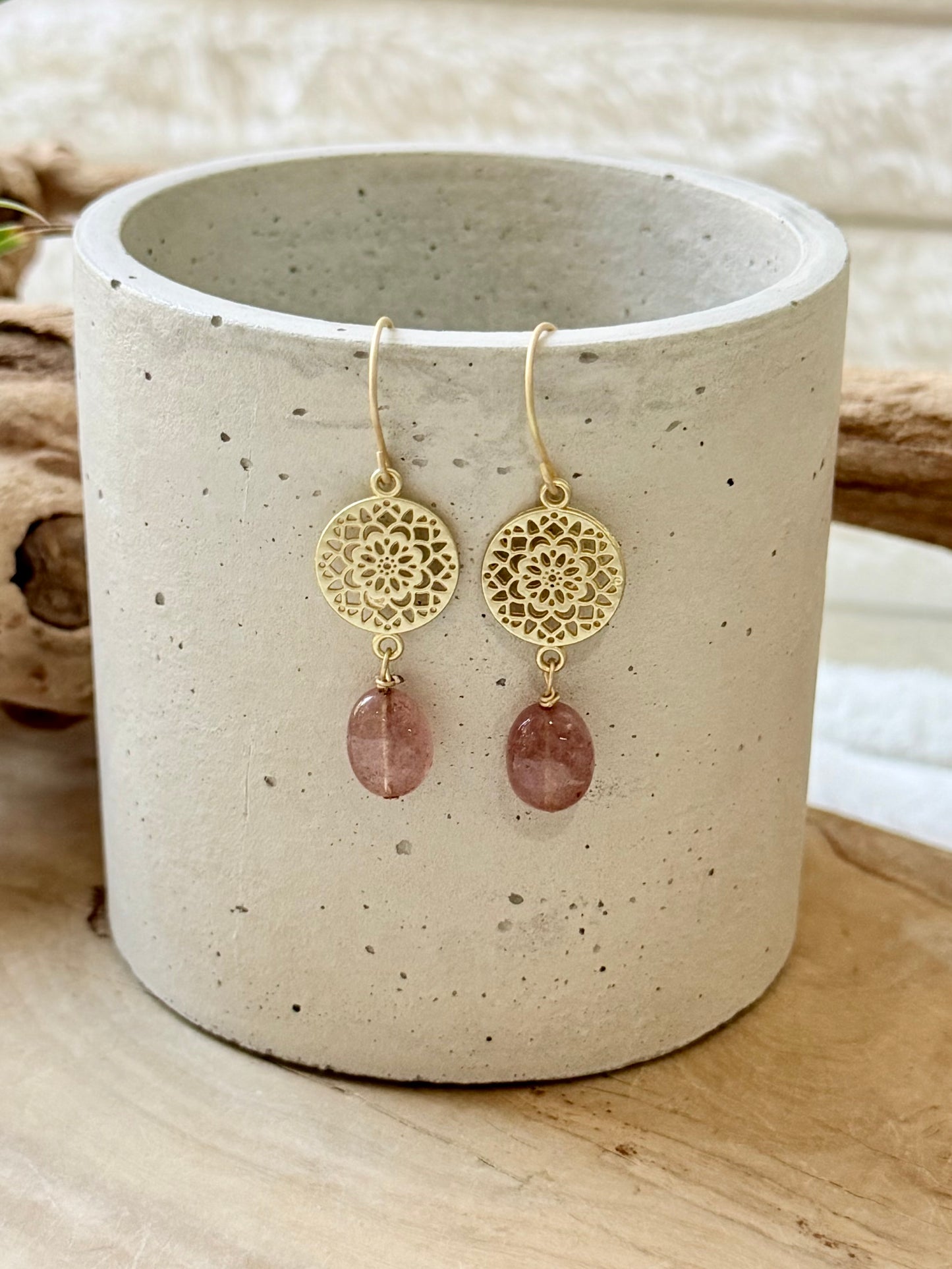 Strawberry Quartz + Matte Gold Earrings