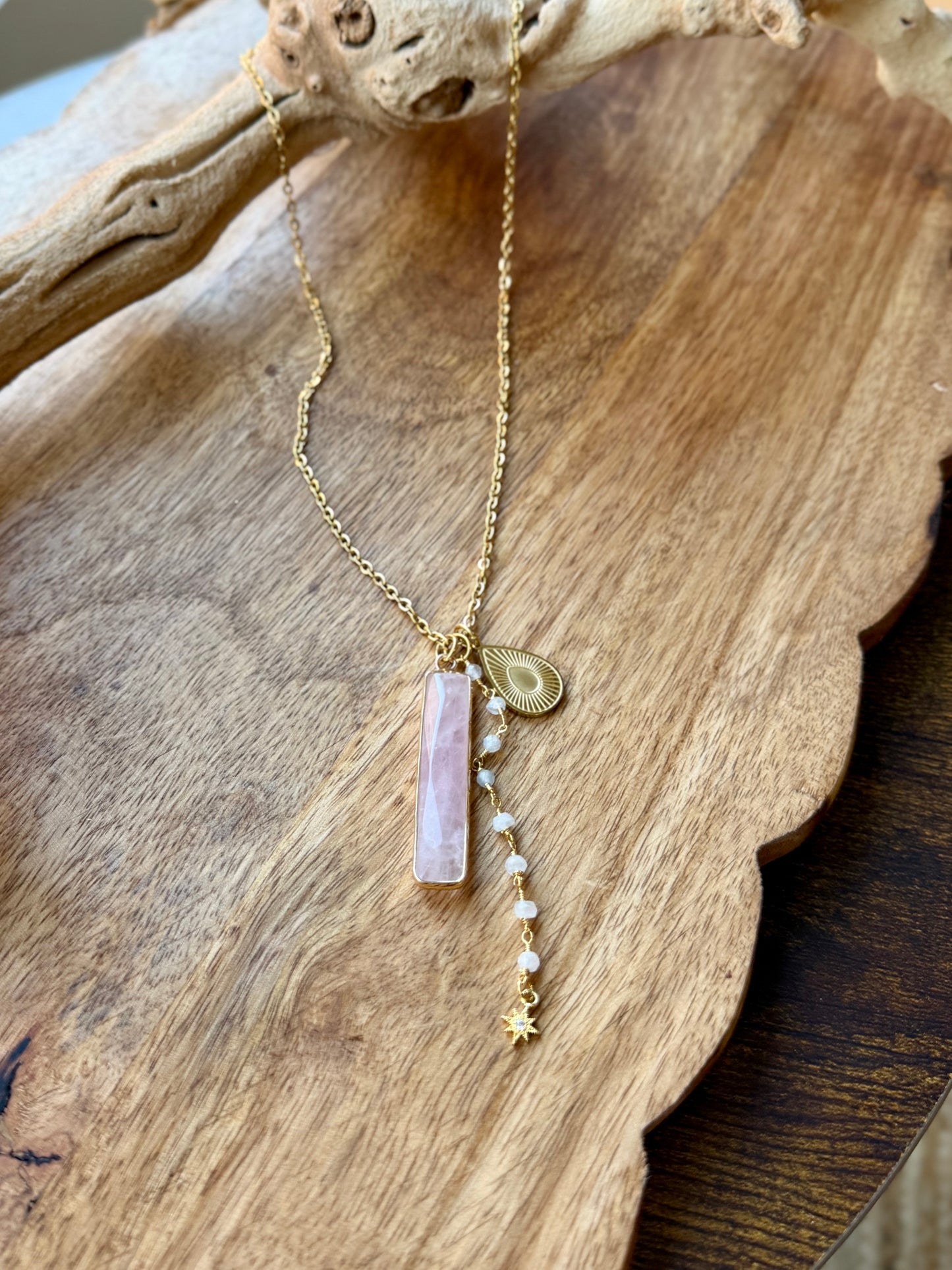 Rose Quartz + Gold Stainless Steel Necklace
