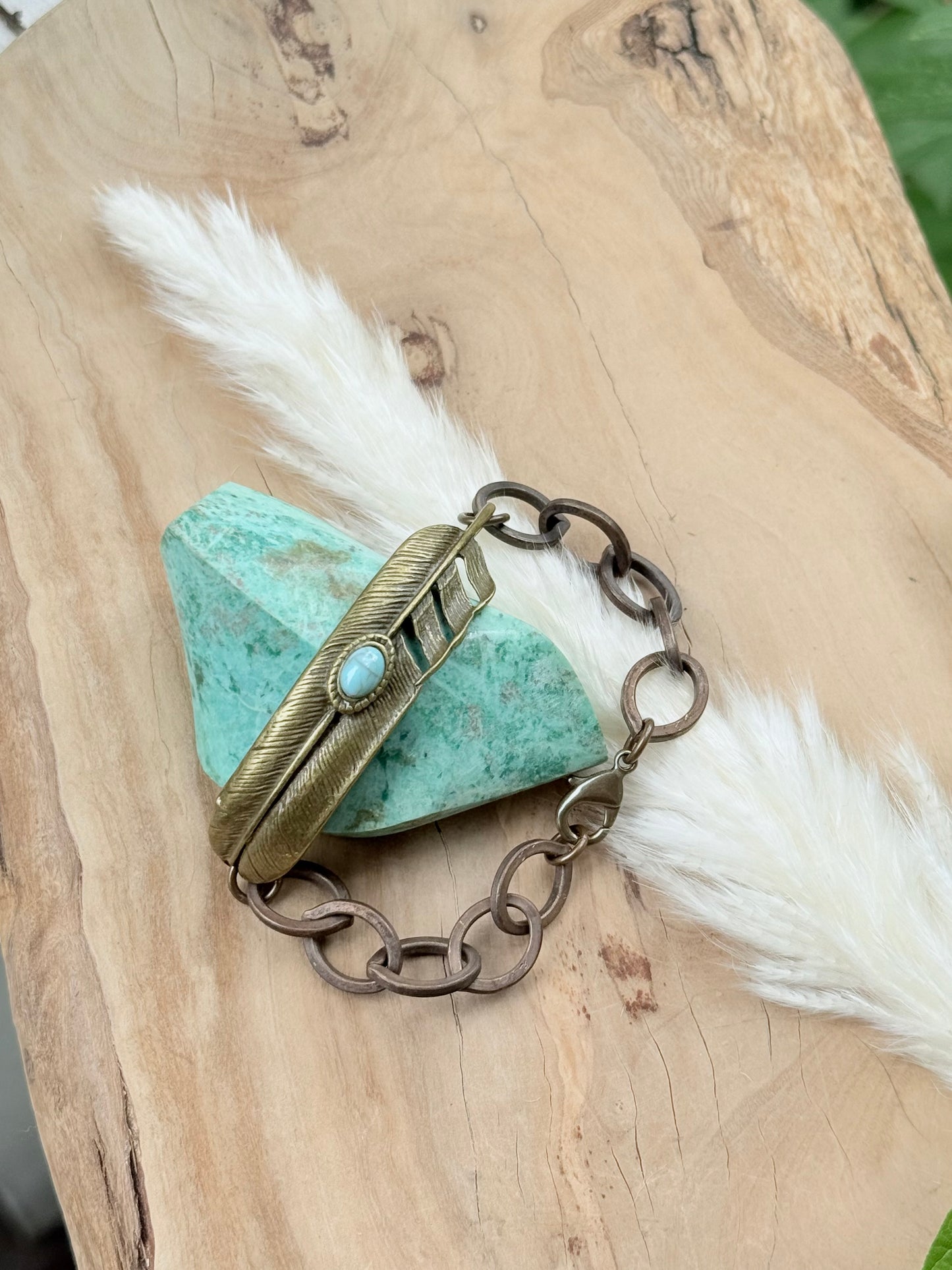 Turquoise + Antique Brass Feather Bracelet