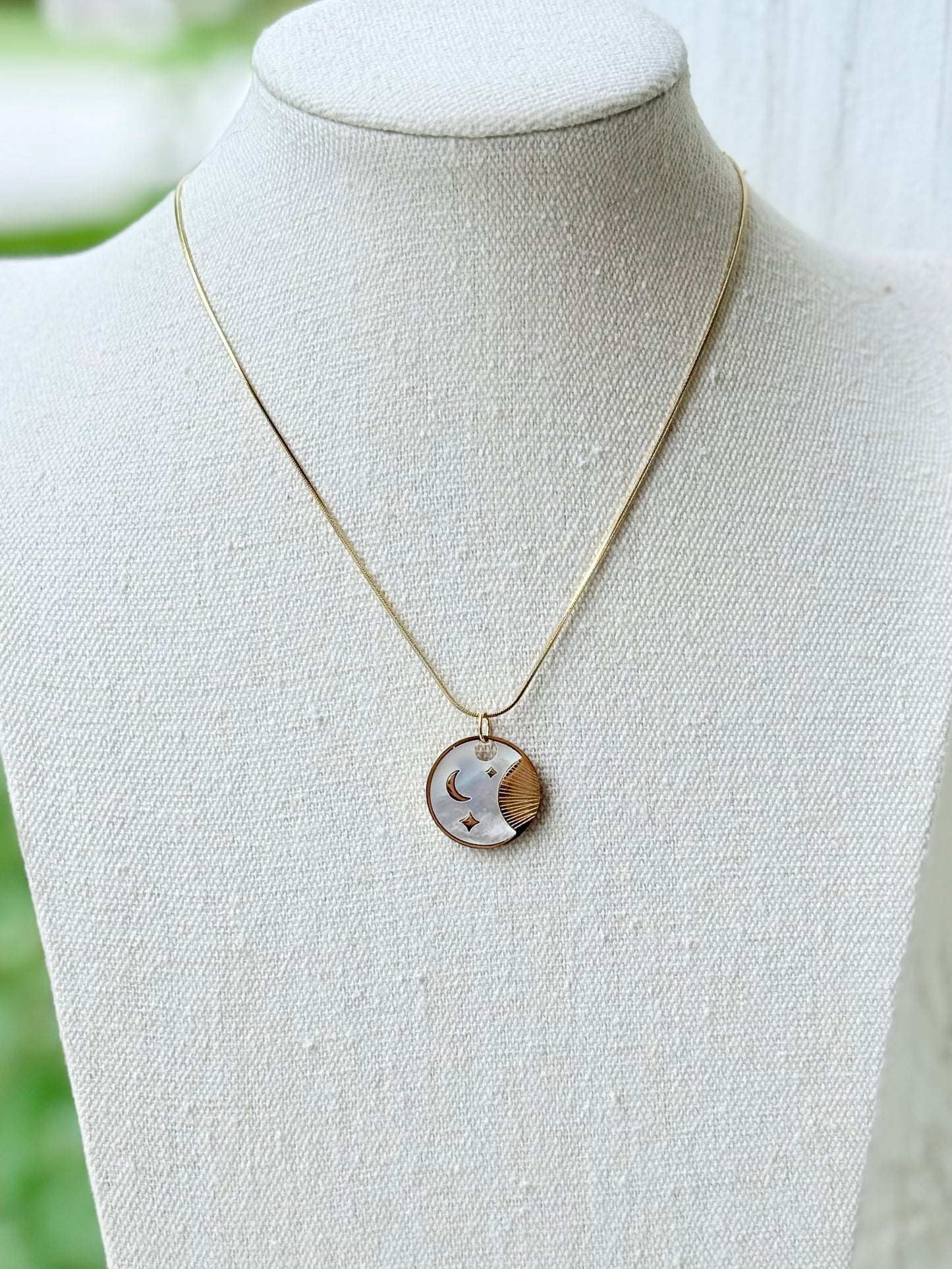 Mother of Pearl + Gold Stainless Steel Moon Pendant Necklace
