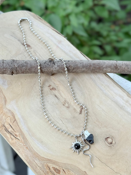 Black Onyx + Silver Snake Necklace