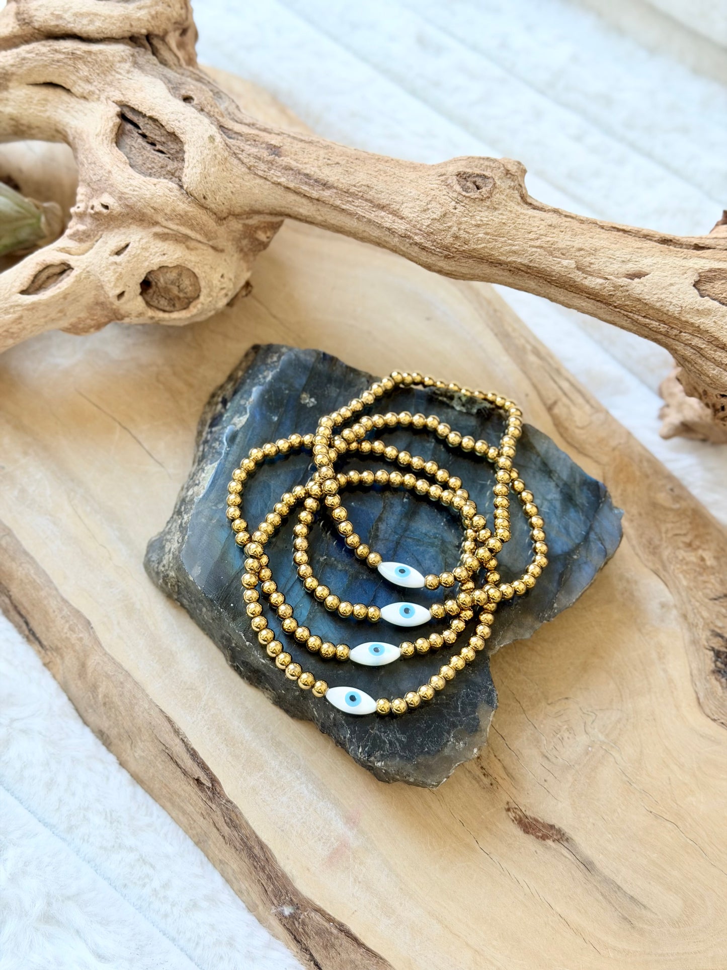 Mother of Pearl Evil Eye + Gold Stainless Steel Bracelet