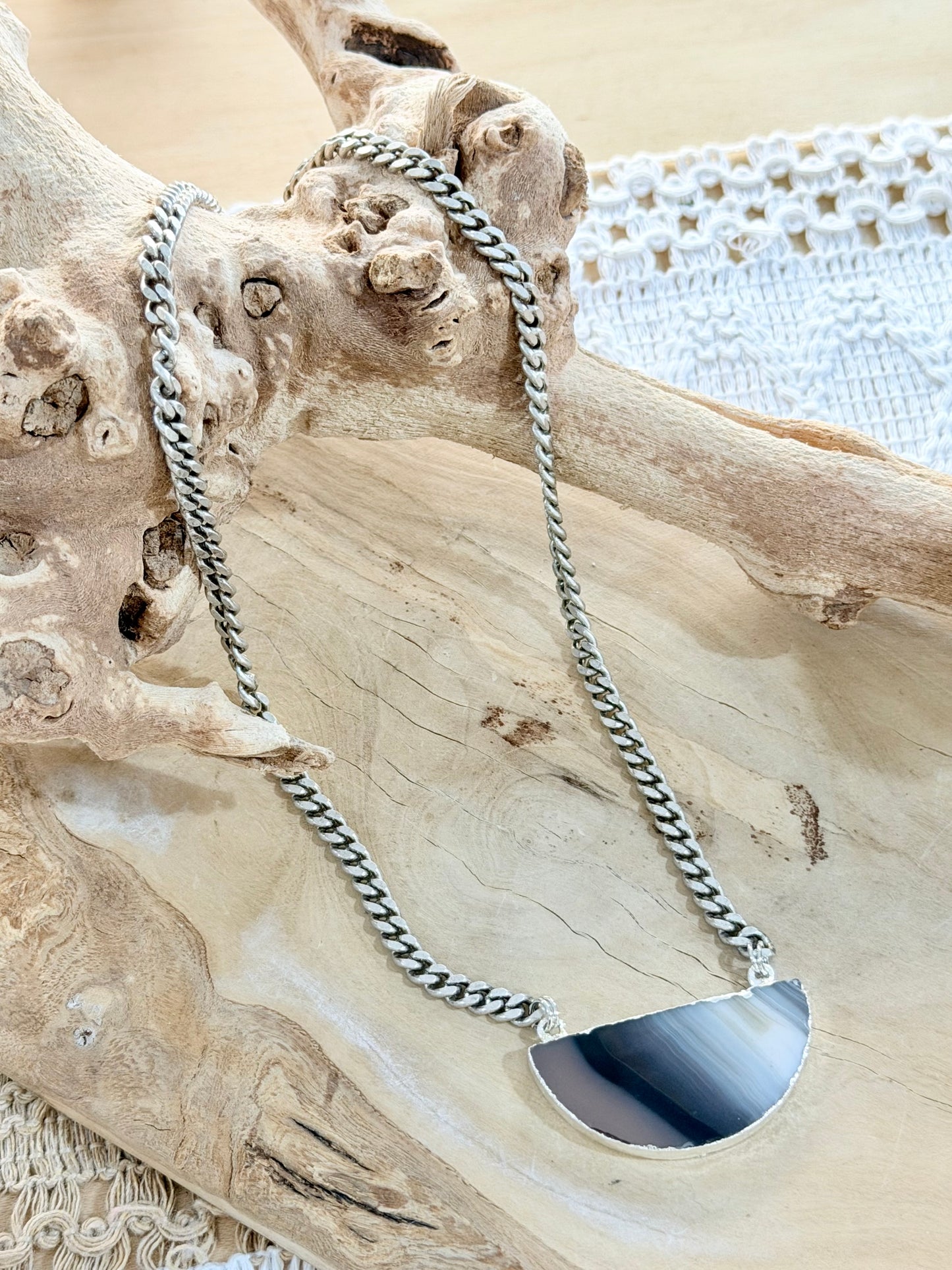 Agate + Antique Silver Pendant Necklace
