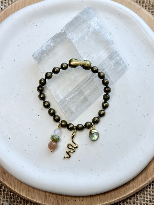 Chunky Brass Ball +  Gold Snake Charm Bracelet