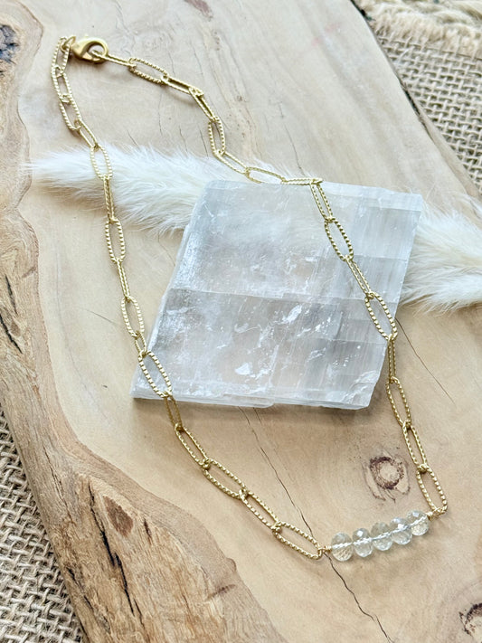 Green Amethyst + Matte Gold Bar Necklace