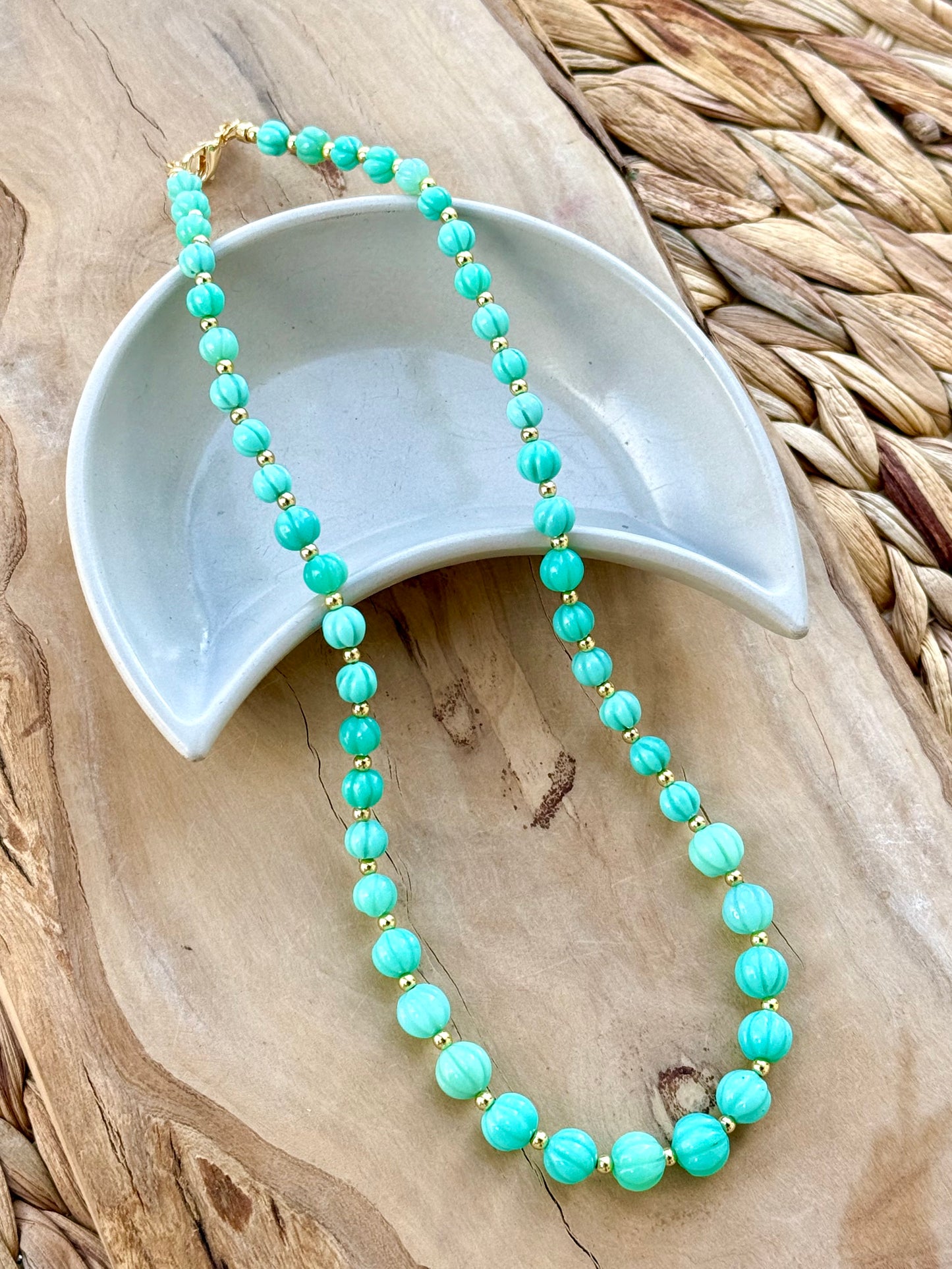 Mint Green Chalcedony + Gold Beaded Necklace