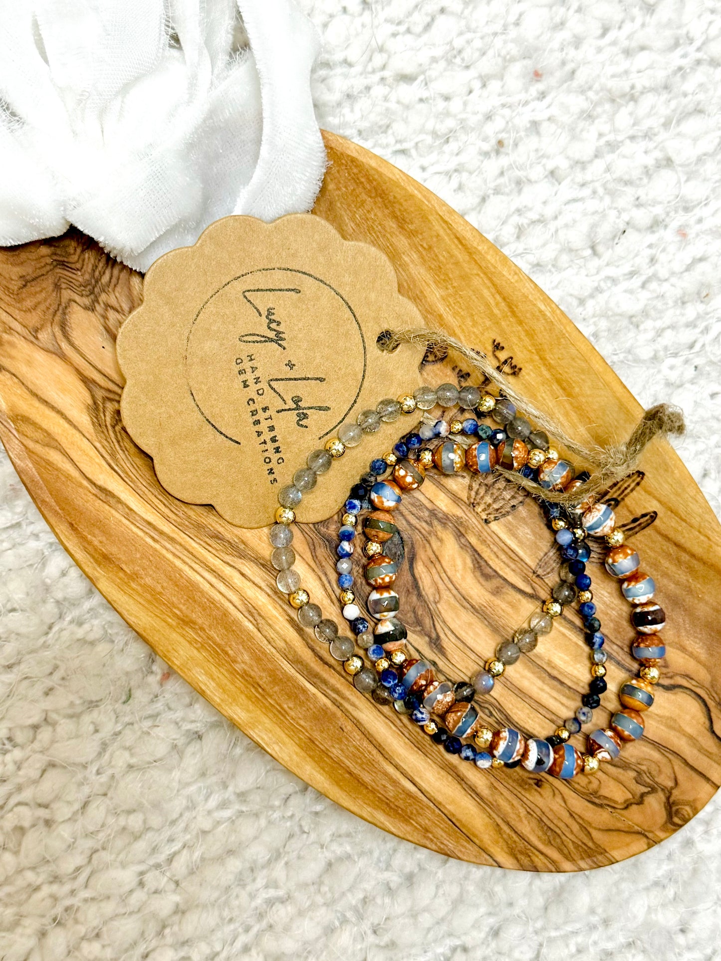 Tibetan Agate, Sodalite + Labradorite in Gold (3-stack)