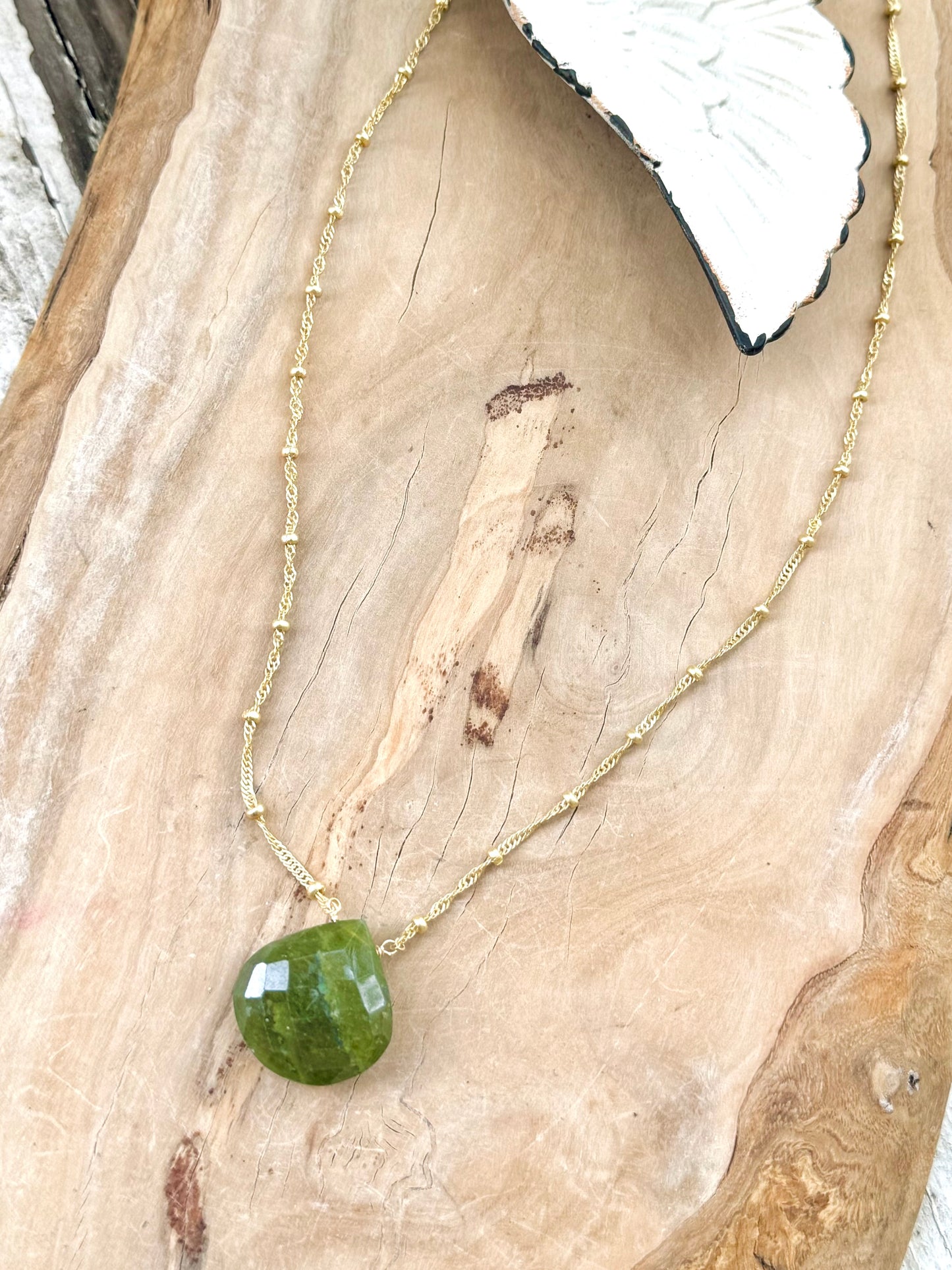 Green Garnet Pendant + Matte Gold Necklace