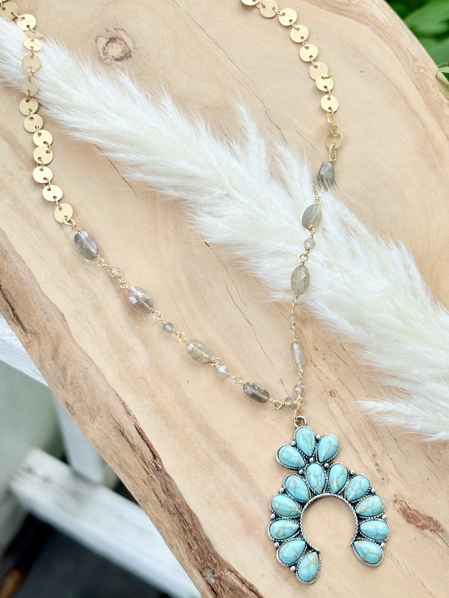 Turquoise + Mixed Metal Squash Blossom Necklace