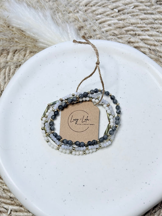 Lace Agate + Labradorite in Gold Stack (4-stack)