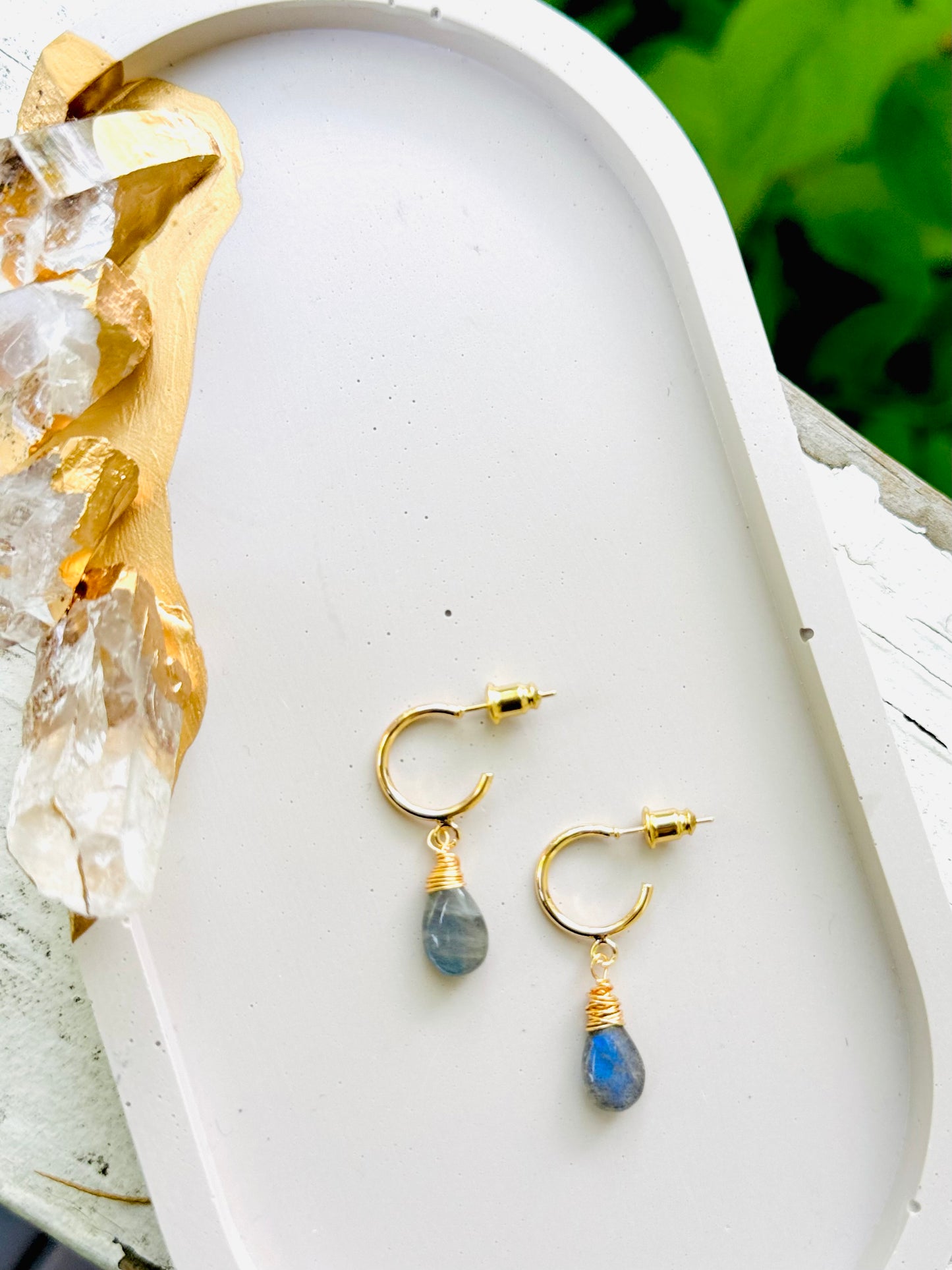 Labradorite + Gold Hoop Earrings