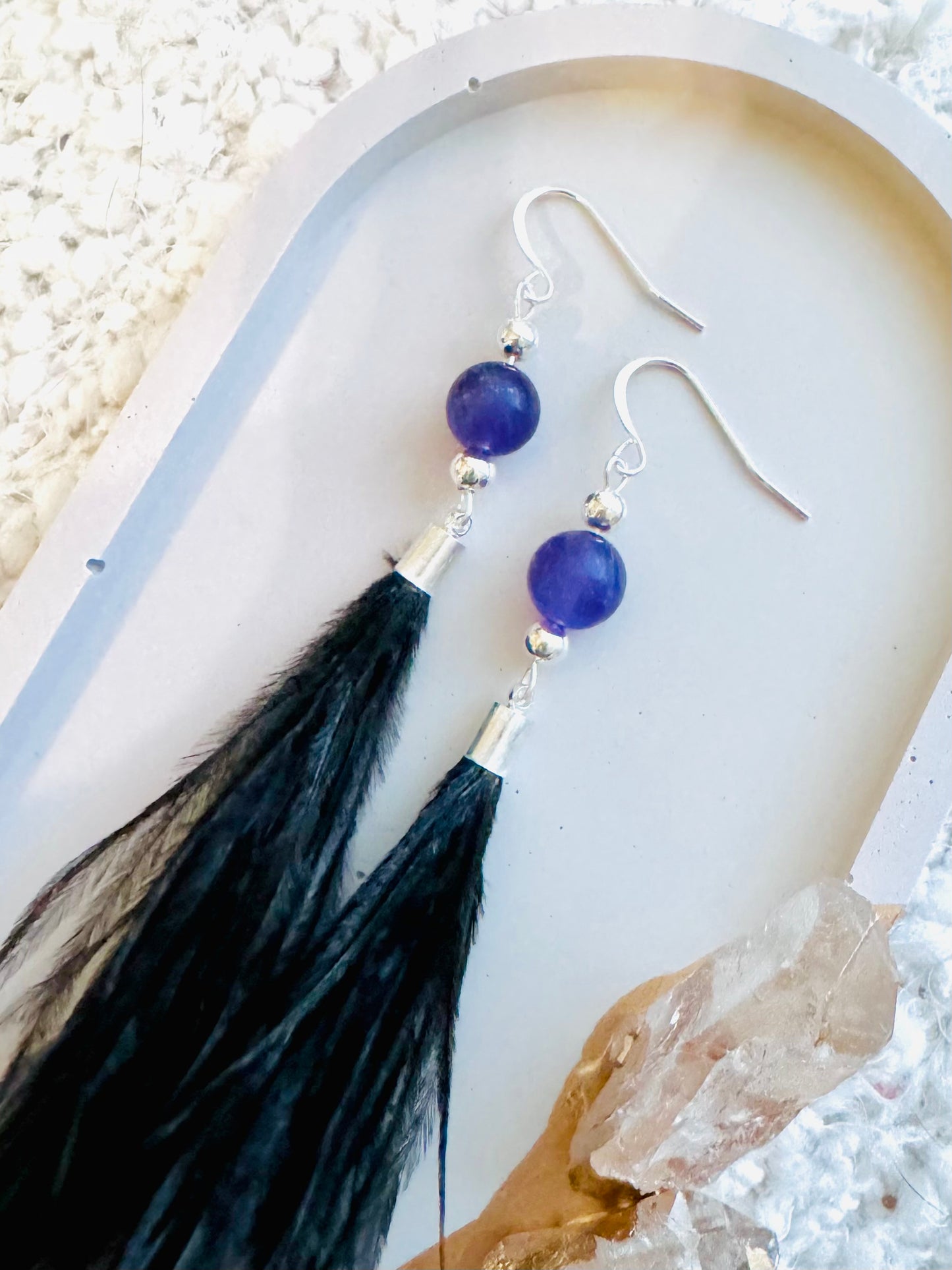 Amethyst + Silver Black Feather Earrings