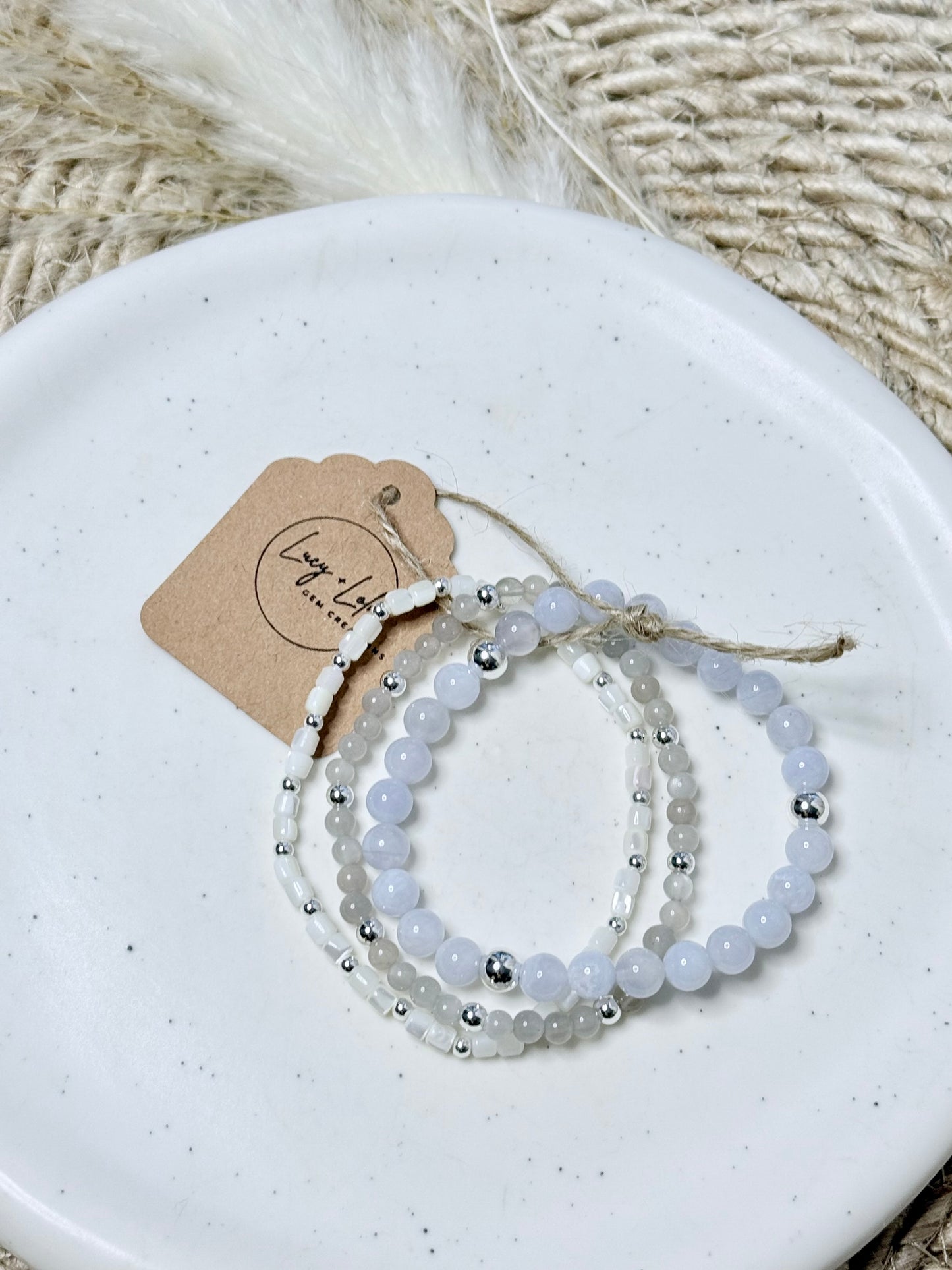 Blue Lace Agate + Moonstone in Silver Stack (3-stack)