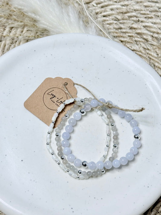 Blue Lace Agate + Moonstone in Silver Stack (3-stack)