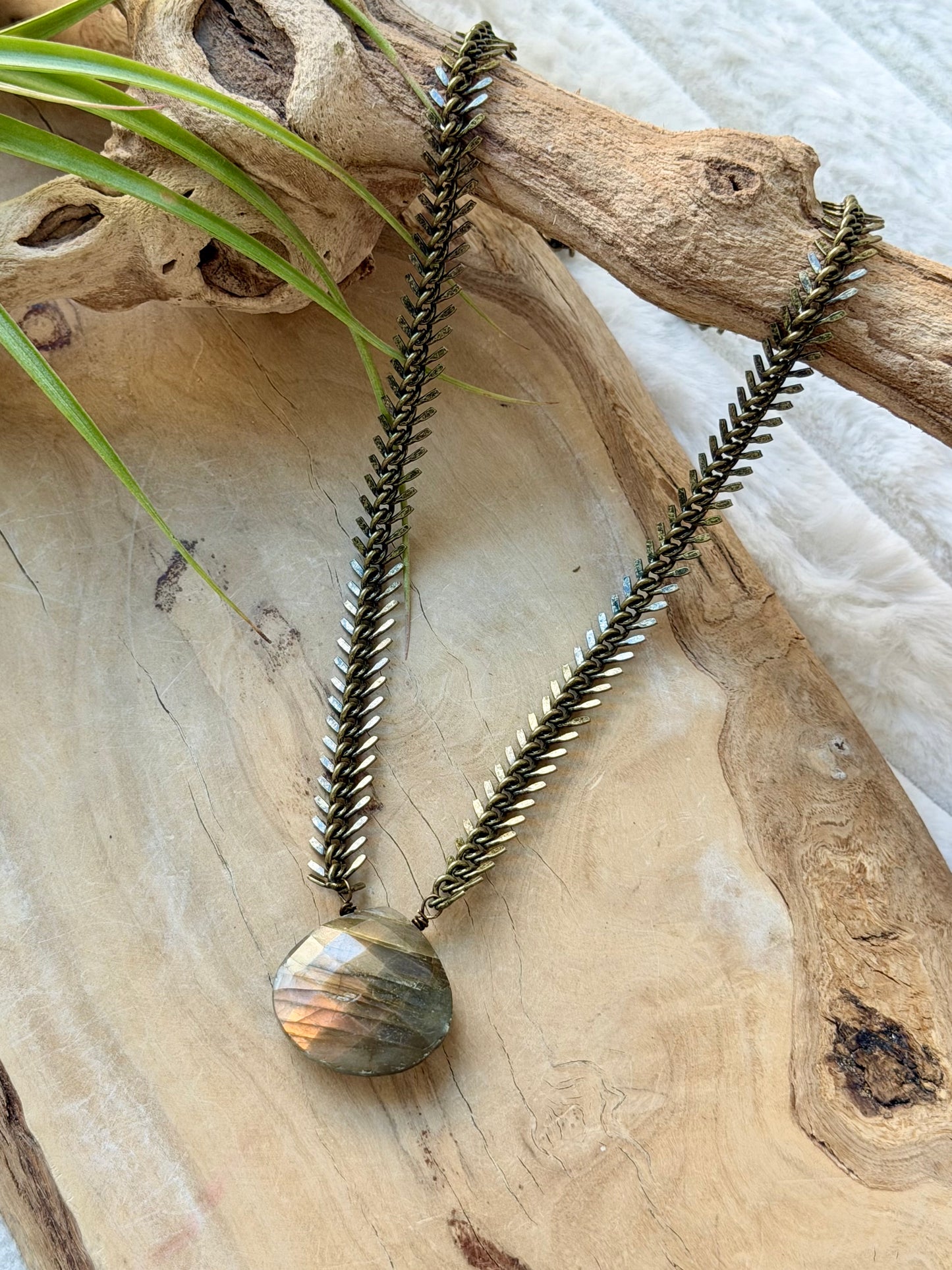 Labradorite + Antique Brass Fishbone Necklace