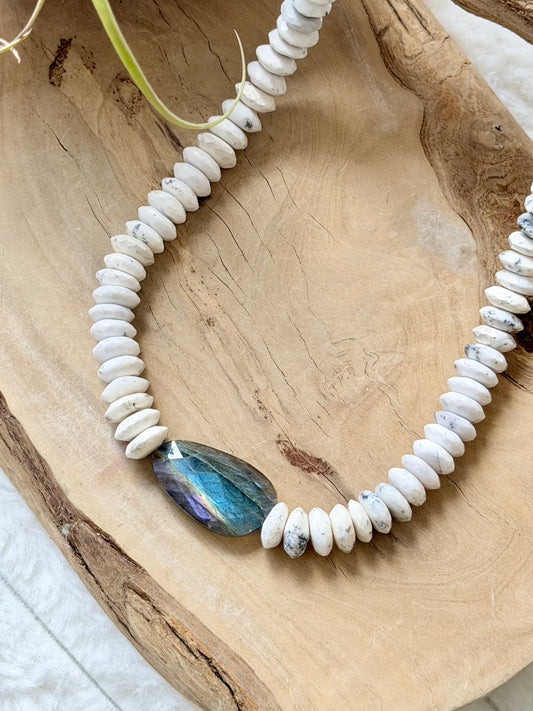 Chunky Dendritic White Opal + Labradorite Gold Necklace