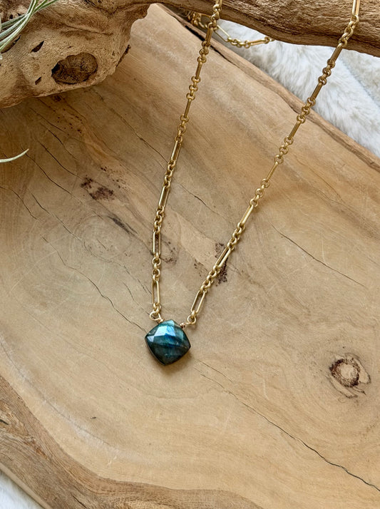 Labradorite Cushion + Matte Gold Necklace