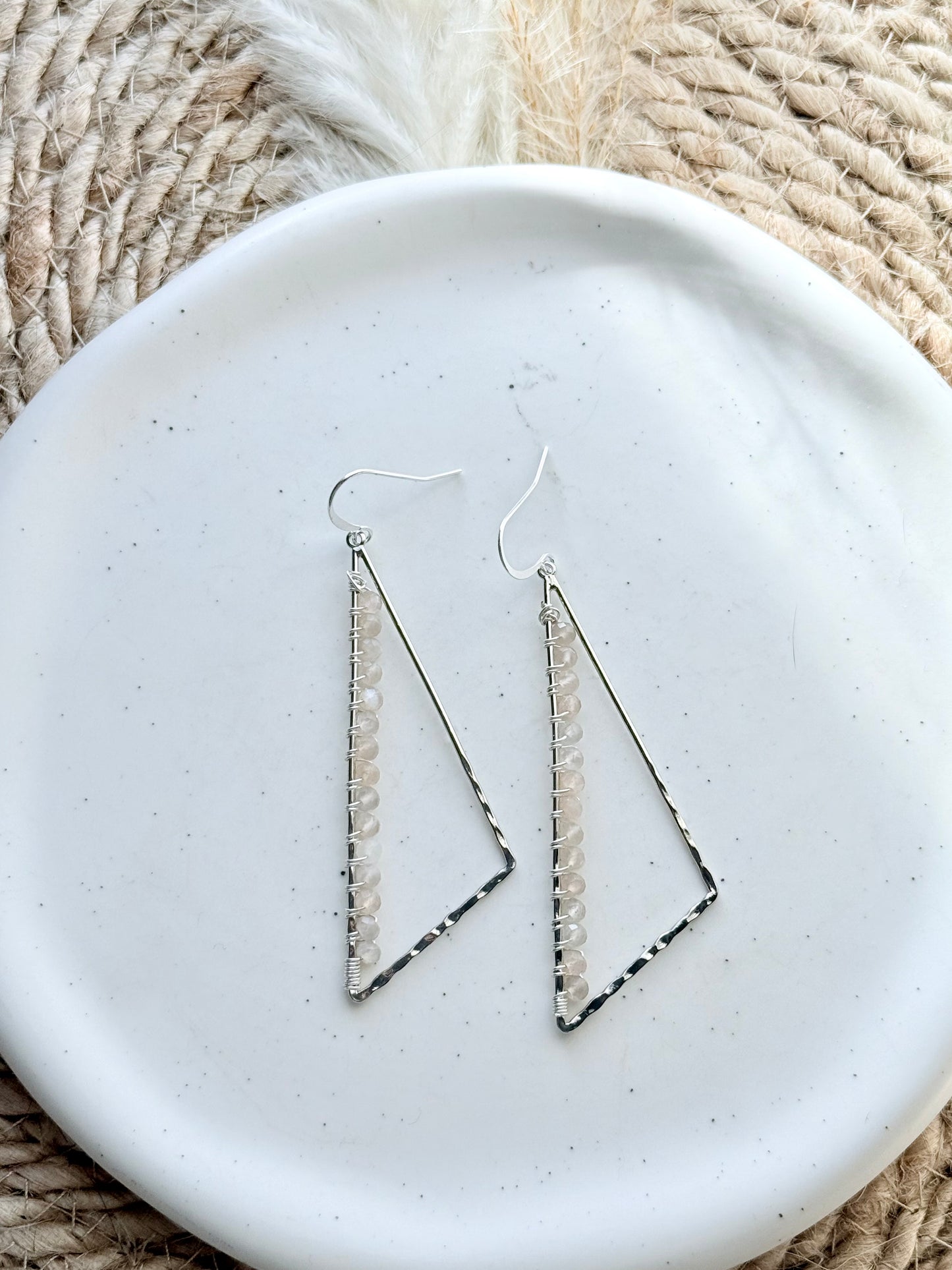Silver Moonstone + Silver Large Triangle Earrings