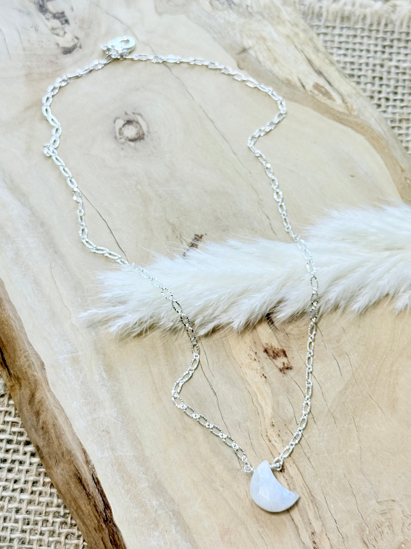Rainbow Moonstone + Silver Moon Necklace