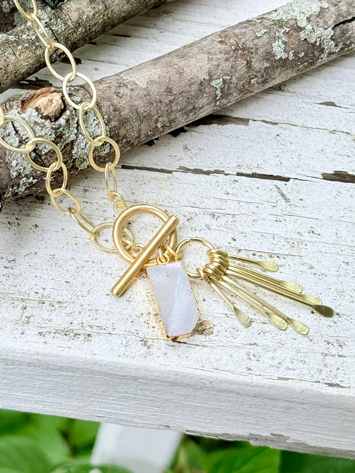 Rainbow Moonstone + Gold Charm Toggle Necklace