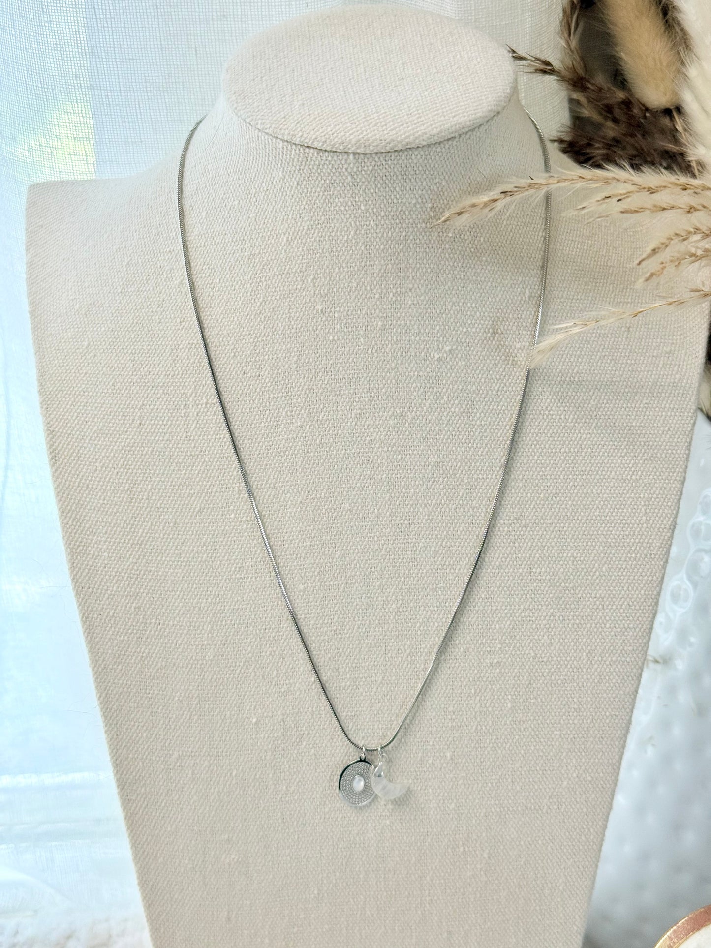 Moonstone + Stainless Steel Cluster Charm Necklace