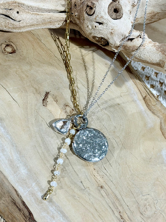 Mixed Metal Locket + Carabiner Charm Necklace