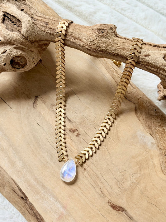 Rainbow Moonstone + Matte Gold Half-Moon Chain Necklace