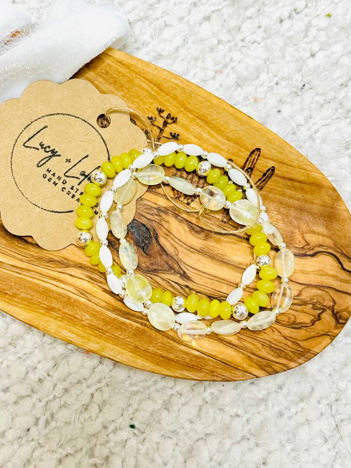 Olive Jade + White in Silver (3-stack)