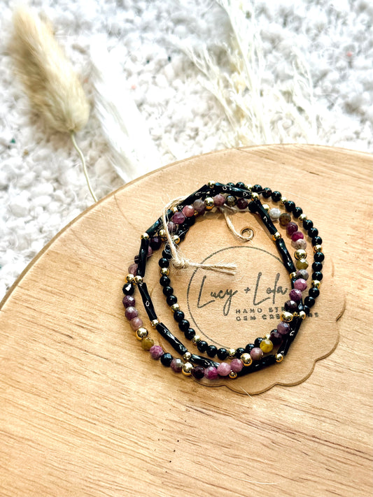 Black Onyx + Tourmaline in Gold (3-stack)