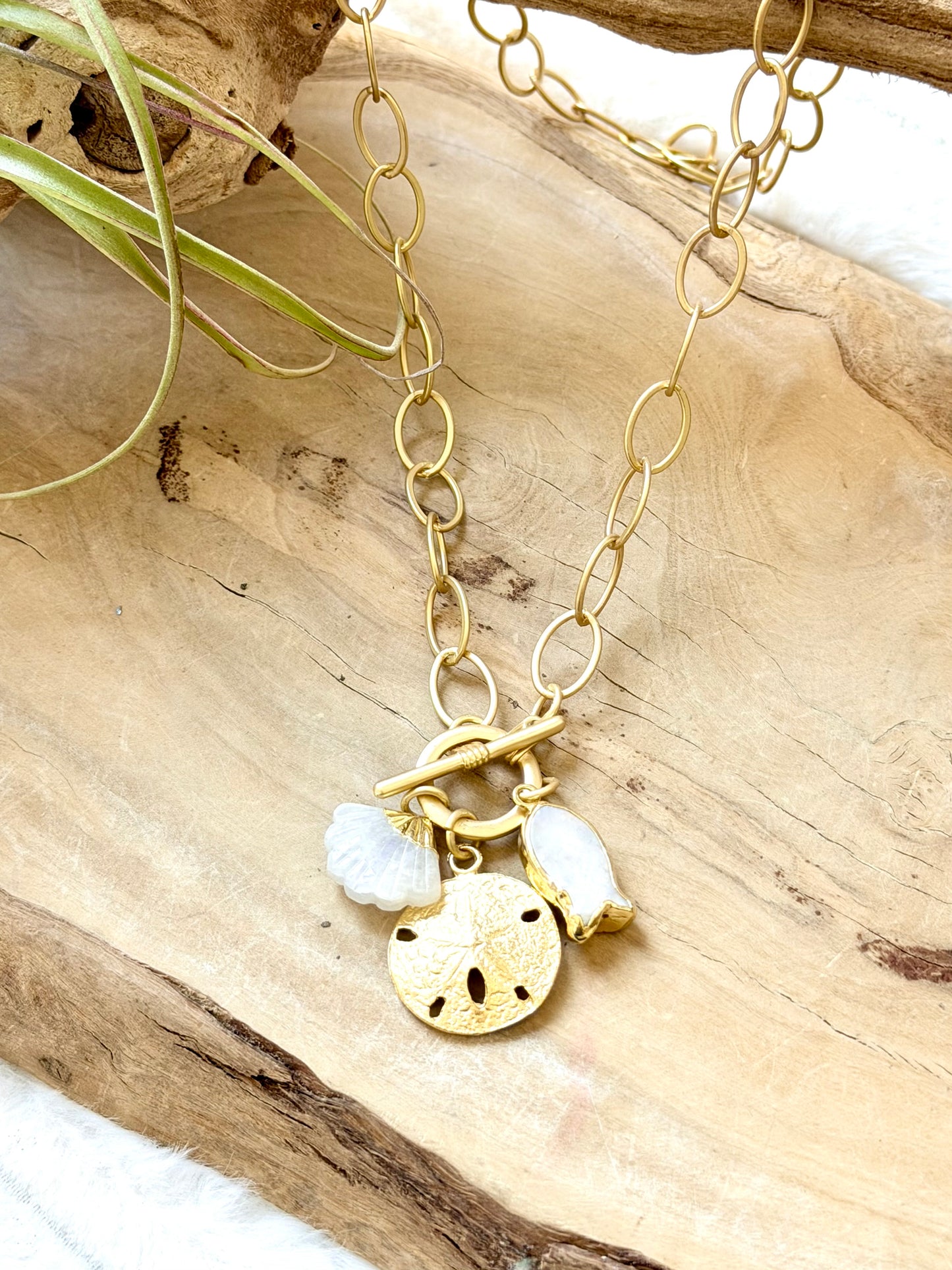 Rainbow Moonstone Shell + Gold Toggle Necklace