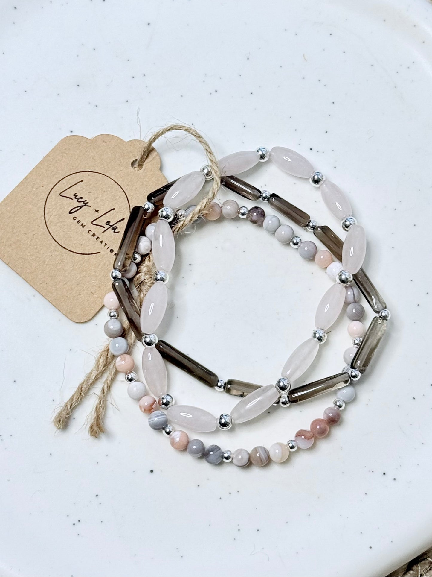 Pink Botswana Agate + Quartz in Silver Stack (3-stack)