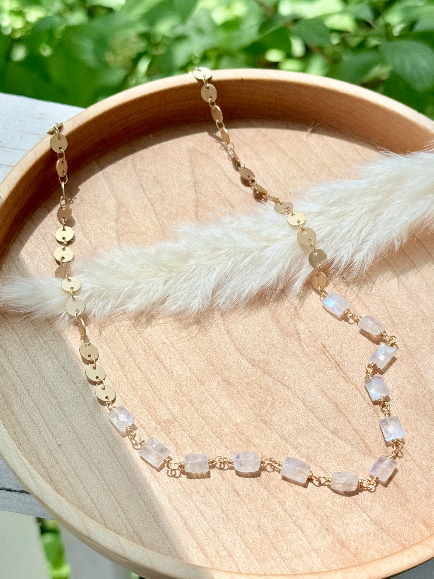 Rainbow Moonstone + Matte Gold Sequin Necklace
