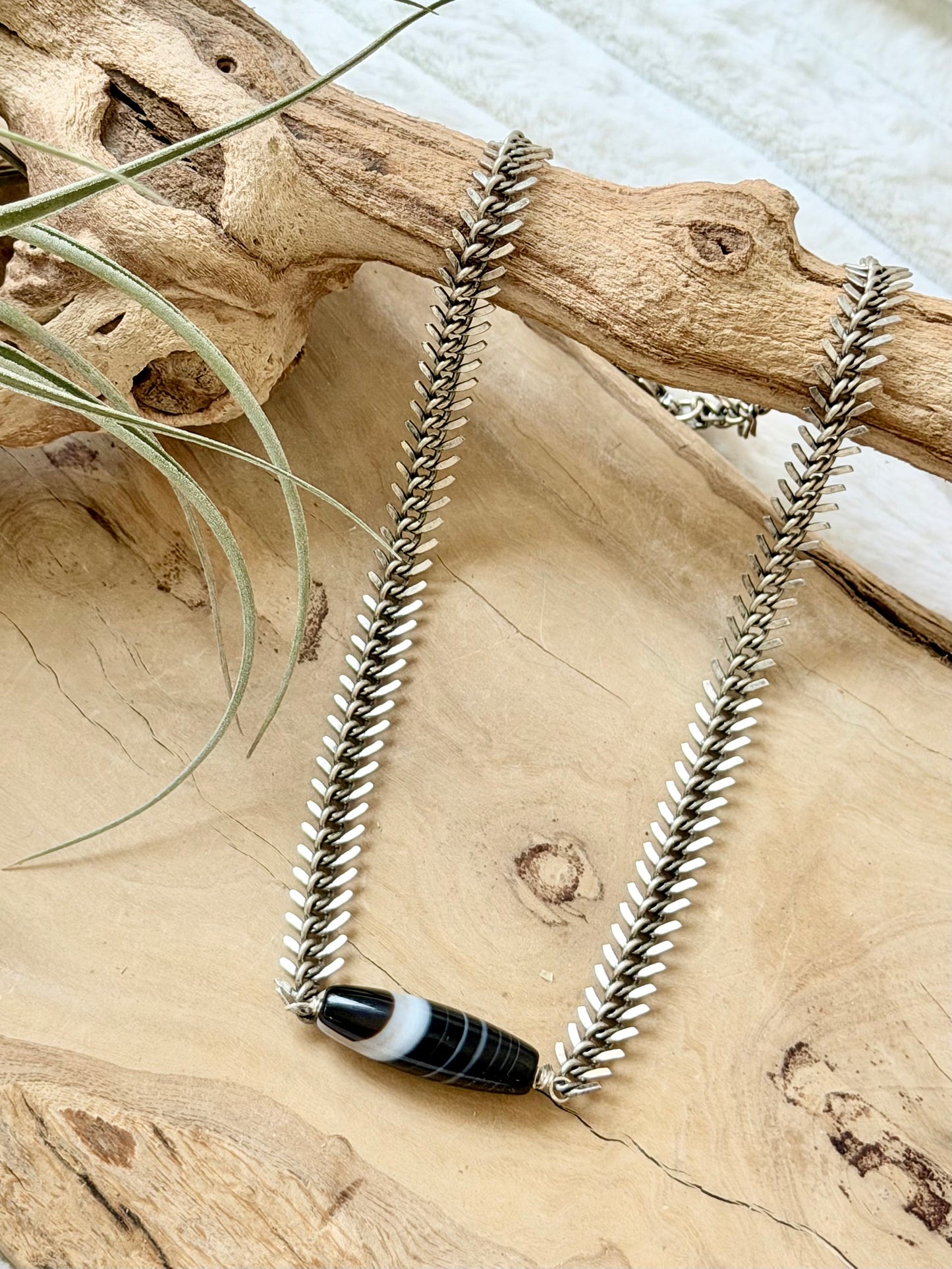 Tuxedo Agate + Antique Silver Fishbone Necklace