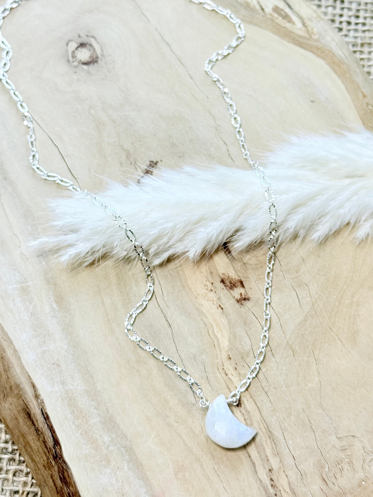 Rainbow Moonstone + Silver Moon Necklace