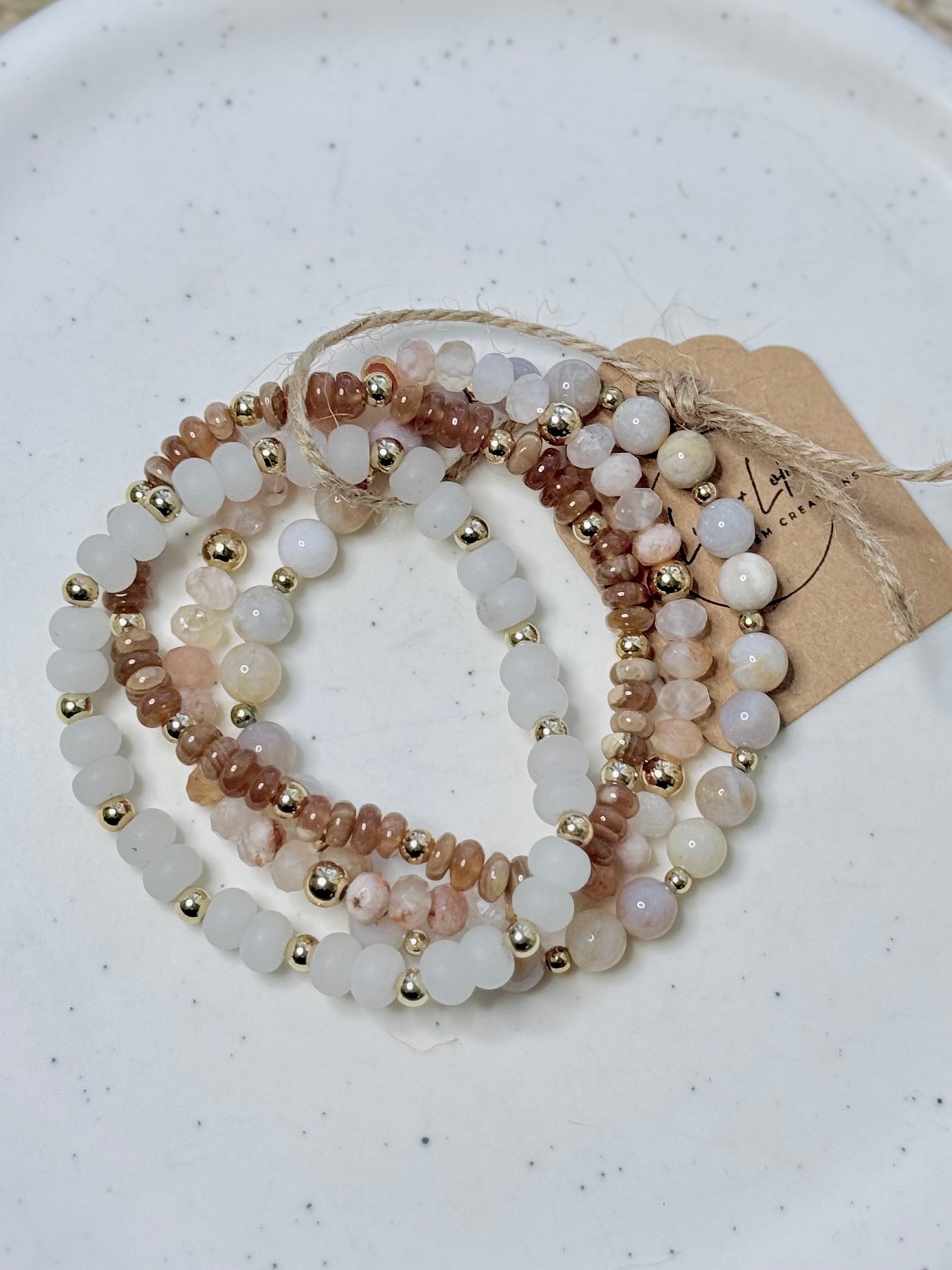 Cherry Blossom Agate + Rhodochrosite in Gold Stack (4-stack)