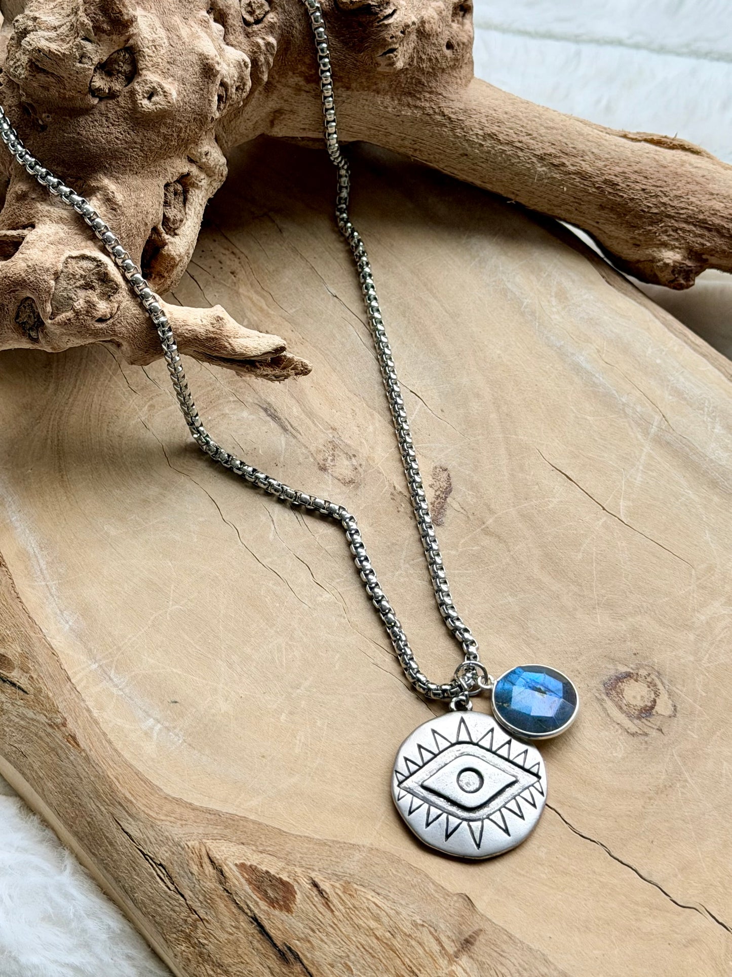 Labradorite + Silver Evil Eye Necklace