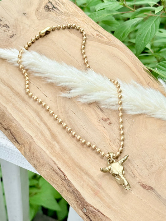 Matte Gold Cow Skull Necklace