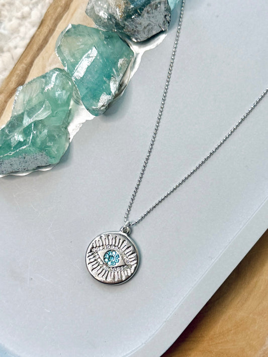 Bright Blue + Silver Evil Eye Necklace