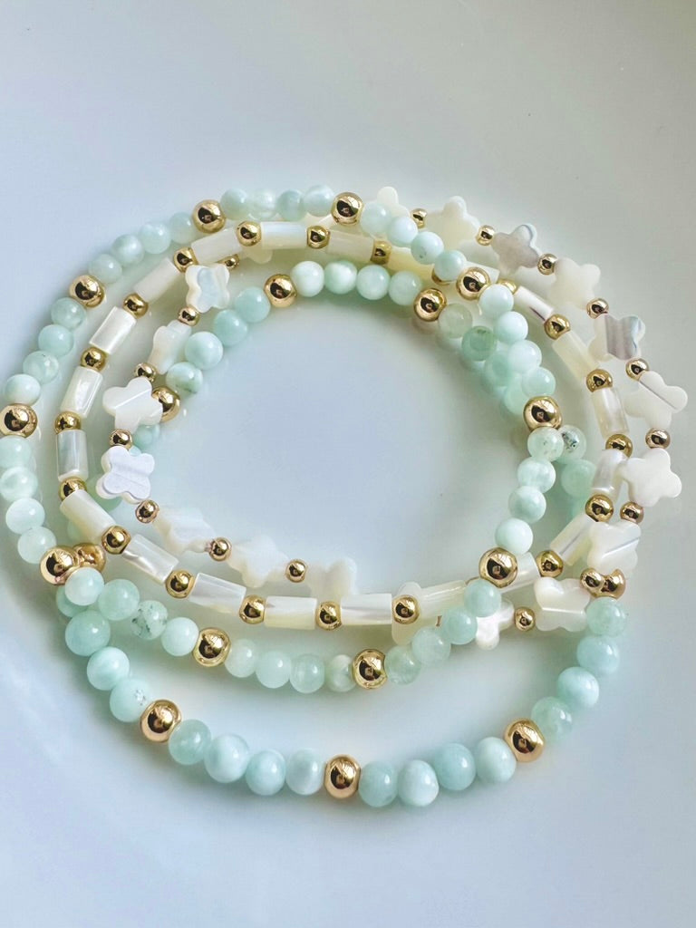 Green Moonstone + Pearl in Gold (4-stack)