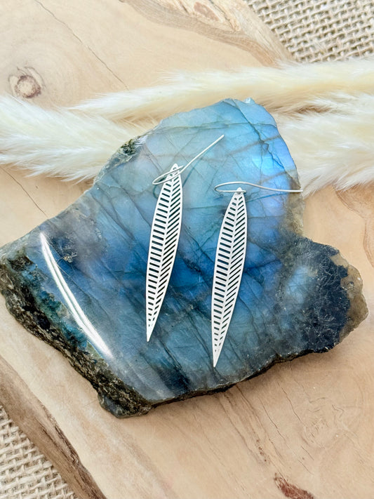 Matte Silver Long Leaf Earrings