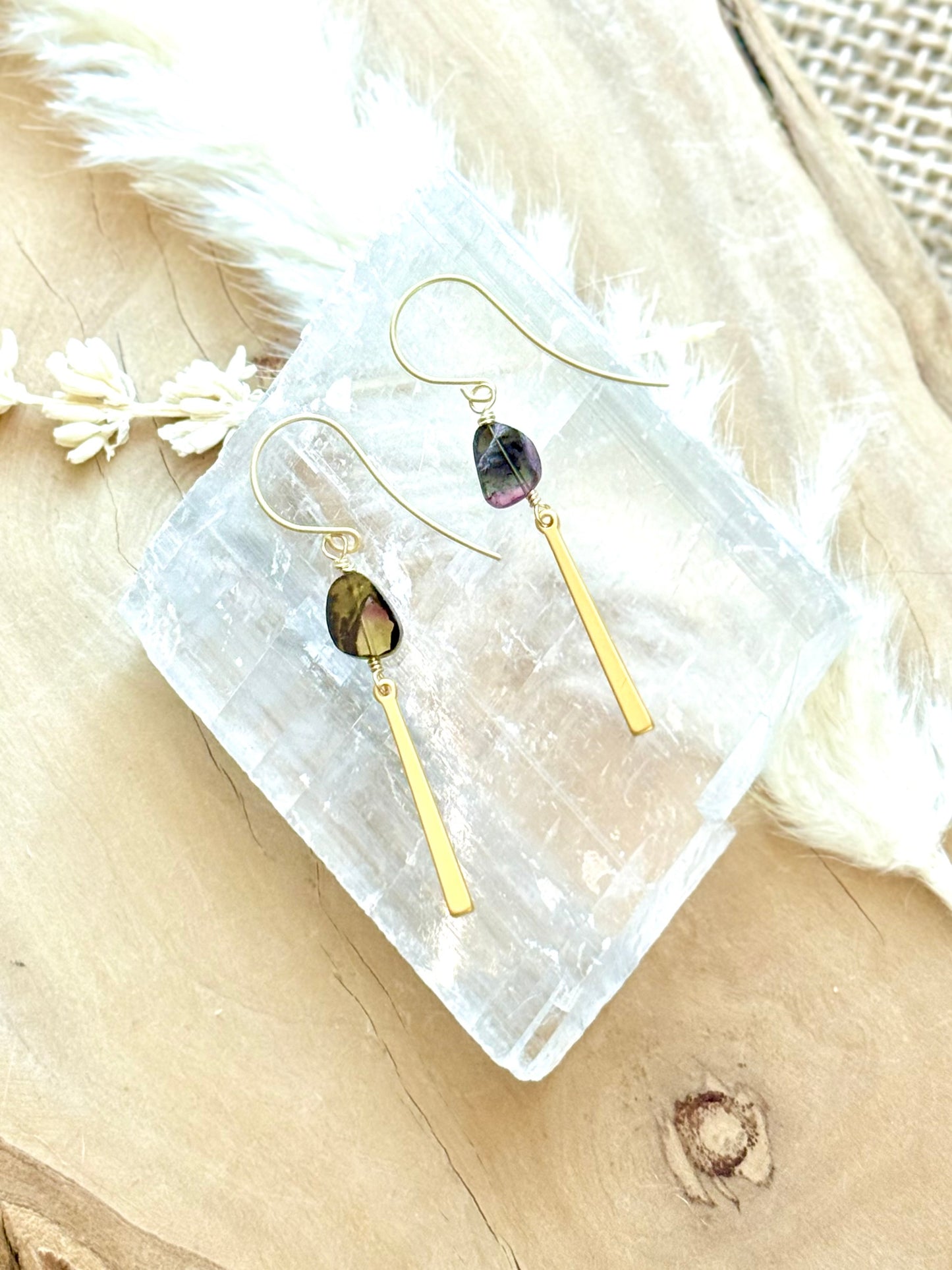 Watermelon Tourmaline + Matte Gold Stick Earrings
