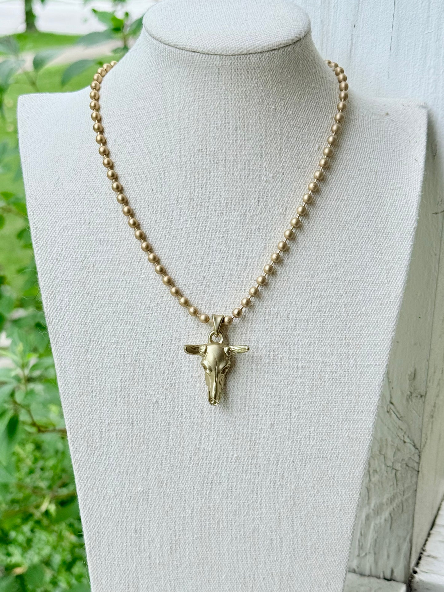 Matte Gold Cow Skull Necklace
